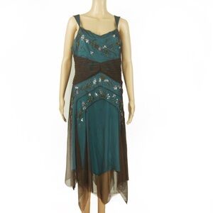 Vintage Y2K 2000s Brown Mesh Blue Layered Embroidered Beaded Midi Dress